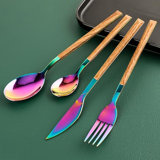 Stainless Steel Flatware Set for 4, Cutlery Utensils Set Include Knives/Forks/Spoons Service for 4, Mirror Polished and Dishwasher Safe (Rainbow)