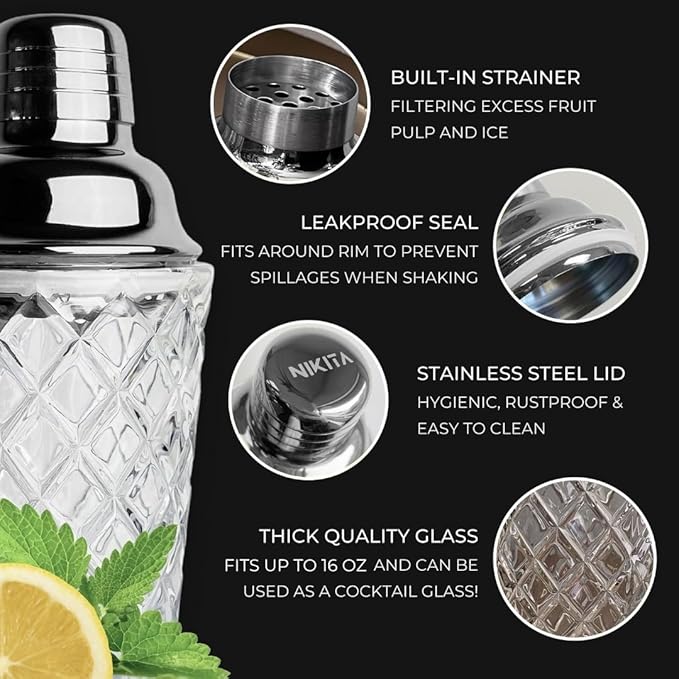 Silver Cocktail Shaker Set - 5 Piece Martini Shaker Set with Strainer, Jigger, Spoon & Muddler - 16oz Glass Cocktail Shaker Set - Ideal Gift for Home Bar & Drink Trolley Décor