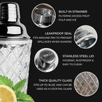 Silver Cocktail Shaker Set - 5 Piece Martini Shaker Set with Strainer, Jigger, Spoon & Muddler - 16oz Glass Cocktail Shaker Set - Ideal Gift for Home Bar & Drink Trolley Décor