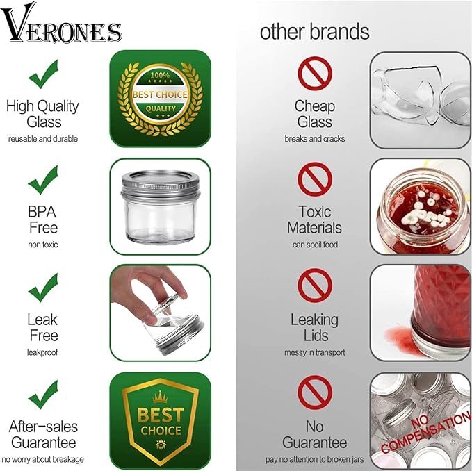 VERONES Mason Jars, 4OZ Canning Jars With Regular Lids and Bands, Ideal for Jam, Honey, Wedding Favors, Shower Favors, DIY Spice Jars, 40 PACK