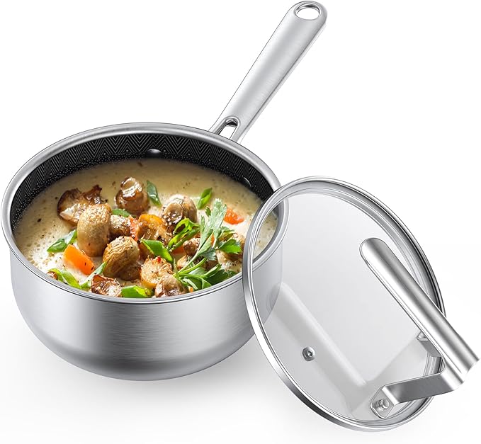 PekGema Saucepan with Lid, Hybrid Nonstick Sauce Pot 1.5 Quart, Tri-Ply Stainless Steel, PFOA FREE Small Pot, Induction Compatible, Oven and Dishwasher Safe