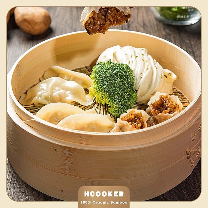 Bamboo Steamer Basket Set, 10-Inch 2-Tier Steamer for Cooking, Chopsticks Liners Sauce Dish Dumpling Making Tools, Steaming Asian Food, Bao Buns, Meat, Dim Sum, Rice, Vegetable Steam Pot