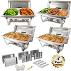 4 Pack 8QT Rectangular Chafing Dish Buffet Set Stainless Steel Catering Chafers Food Warmer with Full,Half,1/3 Food Pan,Fuel Holder,Foldable Frame For Weddings/Parties/Banquets Events