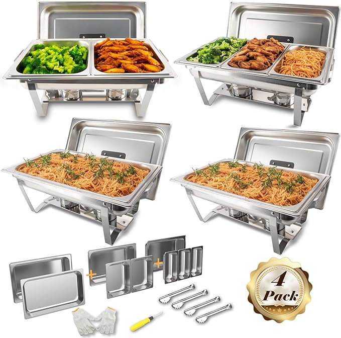 4 Pack 8QT Rectangular Chafing Dish Buffet Set Stainless Steel Catering Chafers Food Warmer with Full,Half,1/3 Food Pan,Fuel Holder,Foldable Frame For Weddings/Parties/Banquets Events