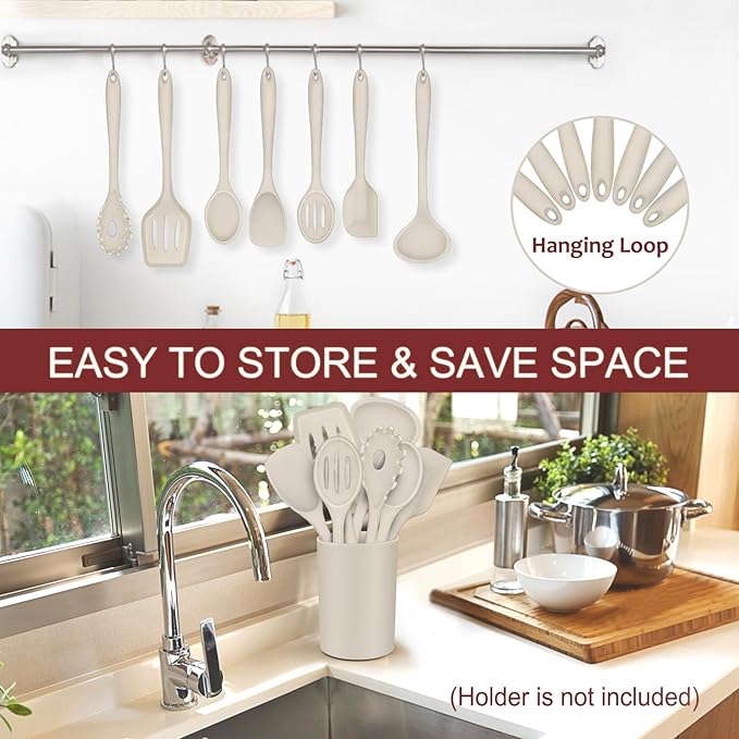 P&P CHEF Silicone Cooking Utensils Set of 7, Heat-proof Kitchen Utensils Set for Nonstick Cookware, Non-stick Spatula, Slotted Turner, Soup Ladle, Pasta Server, Spoon for Cooking Serving - Khaki