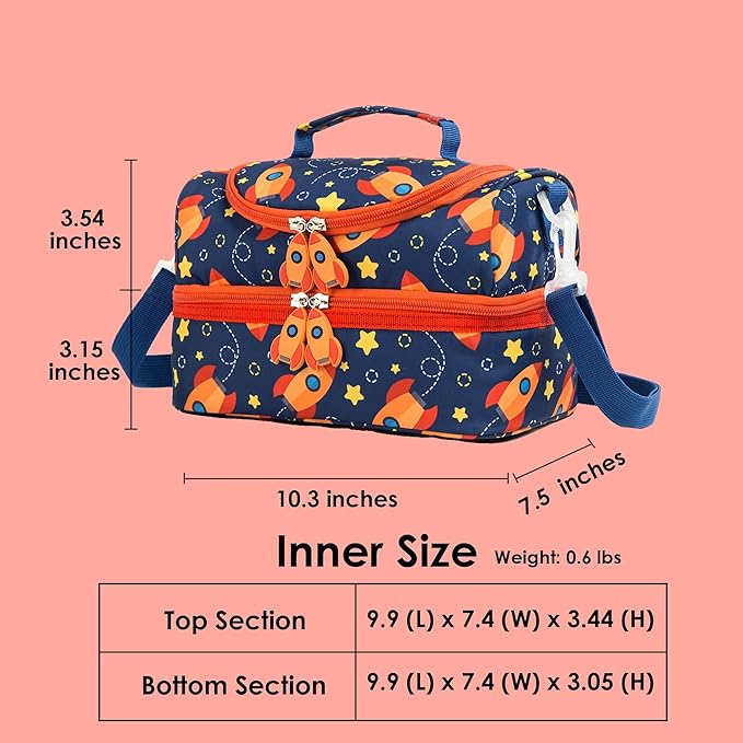Insulated Kids Dual Compartment Lunch Bags Tote for Girls Boys Toddler Lunch Boxes Pre-School Toddler Kindergarten Picnic Camp Food Cooler Thermal with Strap (Star Rocket)
