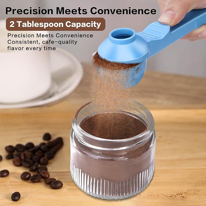 2-in-1 Coffee Scoop with Funnel, 2 Teaspoon Measuring Spoon for Reusable K Cups, Ground Coffee, Protein Powder & Tea, Mess-Free Plastic Design (Light Blue)