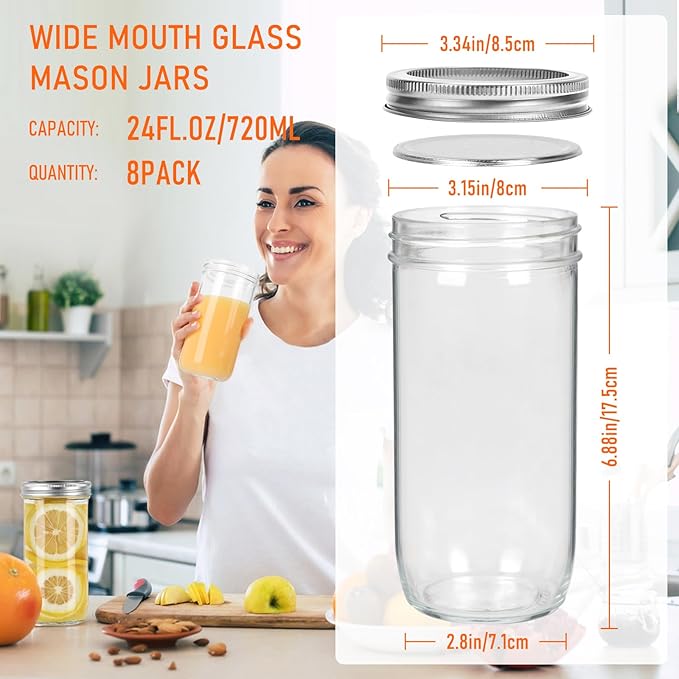 24 oz Wide Mouth Mason Jars 8 Pack, Glass Tall Mason Jars with Airtight Lids and Bands for Canning, Preserving, Fermenting, Pickling, DIY Projects