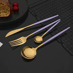 JASHII Flatware Set 24 Piece, Stainless Steel Silverware Set, Macaron Small Fresh Color Cutlery Set, Modern Elegant Tableware Set for Party, Christmas, Dinner (Purple Gold), Service for 6