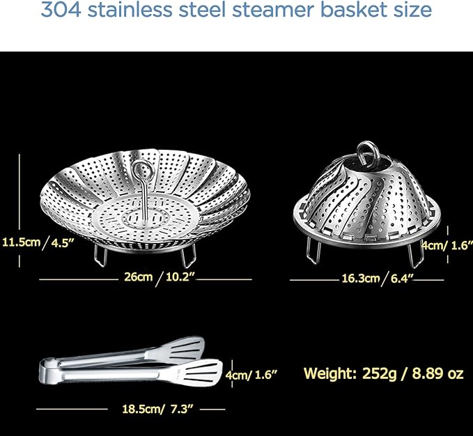 Vegetable Steamer Basket, 304 Stainless Steel Steamer for Cooking, Expendable Food Steamer to Fit Various Size Pot (6.4" to 10.2" + 7.3" Kitchen Tong)