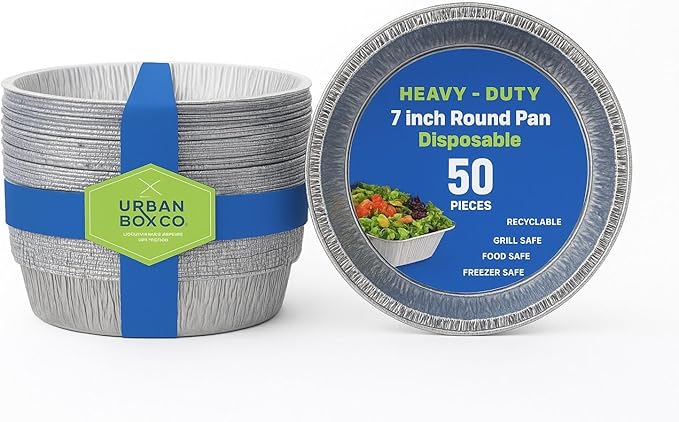 Urban Box Co. 7 inch Round Disposable Aluminum Foil Pans (50 Pack) - Ideal for food storage, baking, Grilling, Cooking, Catering, Prepping (50, No Lid)