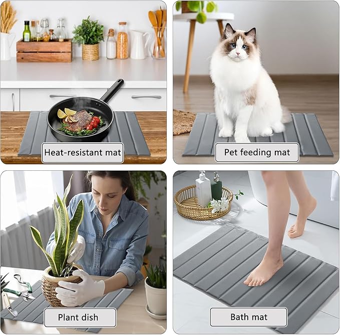 Stone Dish Drying Mat with PU Leather Surface for Kitchen Counter, Water-Absorbent Collapsible Roll up, Quick Dry, Non-Slip for Cups Dishes Bottles,Removable and washable(Medium Gray, 23.6”x15.4”)