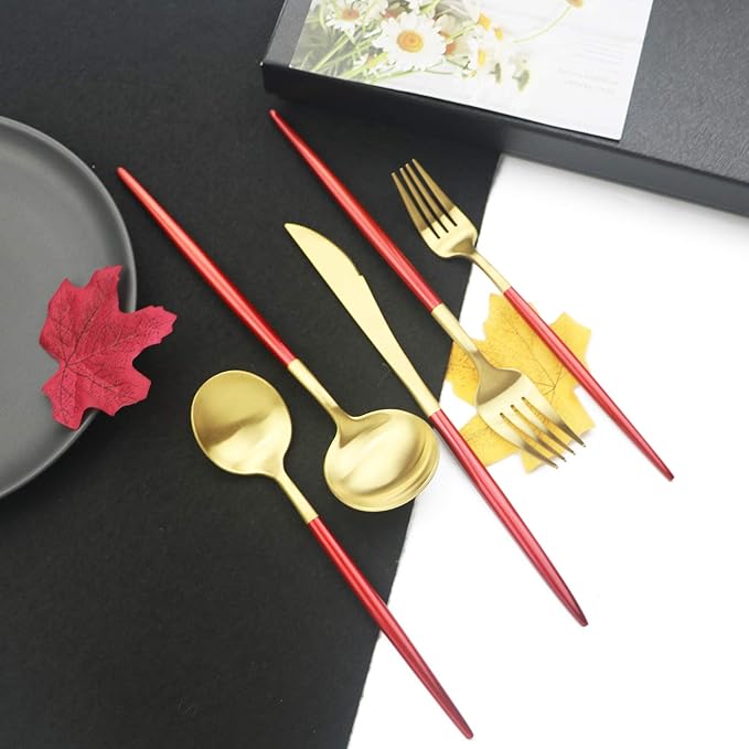 JASHII Luxury 18/10 Red Handle Flatware Gold Silverware Set 304 Stainless Steel Flatware Cutlery Set| 5-Piece Adaline Royal Modern Satin Finish| BEST Birthday Wedding Gift (Red Handle Matte Gold)