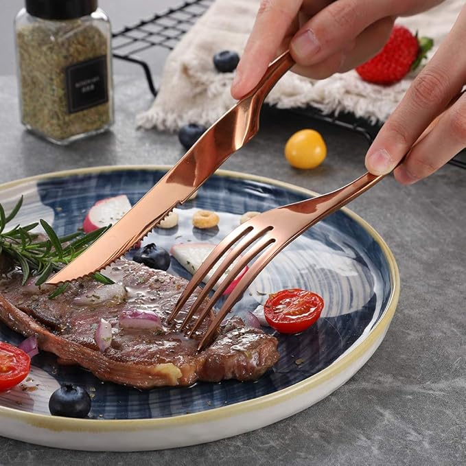Lemeya Stainless Steel Rose Gold Steak Knives Set of 6,Forge Steak Knife,Serrated Steak Knives Set,6 Piece Heavy Steak Knives-10 inch,Mirror Polished,Dishwasher Safe