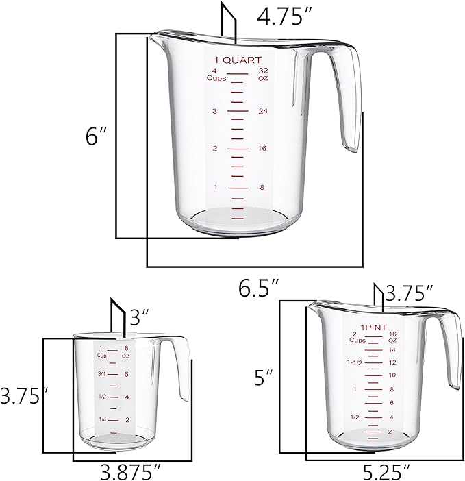 DaYammi Measuring Cups 3-Piece, Unbreakable Food-Grade Plastic Measuring Cup for Dishwasher, 1/2/4-Cup Nesting Liquid Measuring Cups for Prepping, Baking, Cooking, Readable Markings, Clear