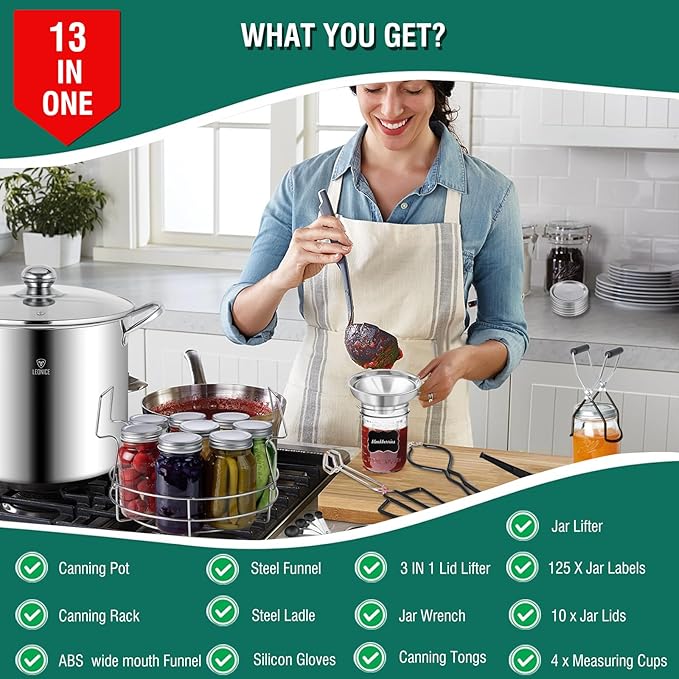 Canning Supplies Starter Kit - Water Bath Canning Pot with Rack,Stainless Steel Canner Kit Set Tools: 2pcs Funnels,3 in 1 Lid Lifter,Ladle,Tongs,Silicon Gloves & Accessories Equipment for Beginner