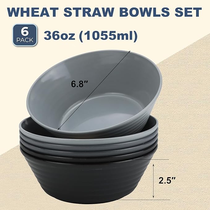 Wheat Straw Bowl Sets,6 PCS Unbreakable Cereal Bowl 36 OZ,Microwave and Dishwasher Safe Bowls,Salad Bowls for Camping,Rv,Apartment,Dorm,Party (Black Grey)