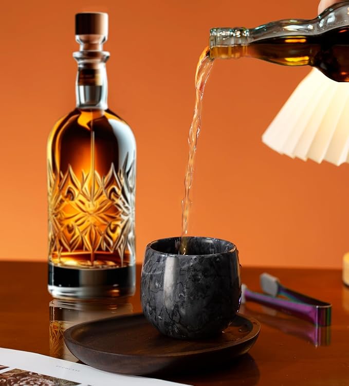 Marble Whiskey Glasses, Bourbon Gifts for Men, Old Fashioned Bourbon Drinking Glass Freezable, Christmas, Anniversary, Birthday Gifts(1 Black)