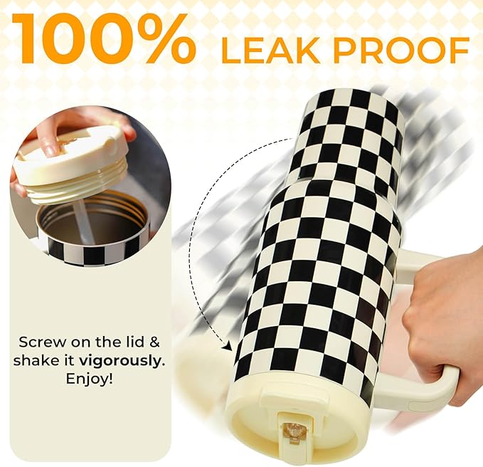 ProTour 100% Leakproof 40 oz Tumbler with Handle & 4-in-1 SipSwig Lid | Built-In Flip Straw & External Stainless Steel Straw | Insulated Stainless Steel Cup | BPA-Free | Black & White Checkered