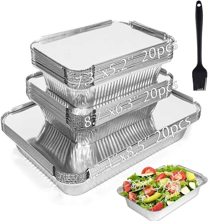 BIBRADAA® 60 Pack Aluminum Pans with Lids,2200ml(4.4LB)/1100ml(2.4LB)/700ml(1.5LB) Foil Pans with Lids,Aluminum Foil Pans,For Catering,Meal Prep and Takeout.