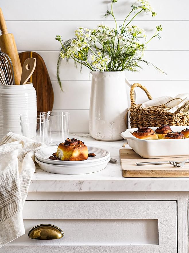 LE TAUCI 12‑Piece Ceramic Plates and Bowls Set, Service for 4 – White Farmhouse Dinnerware Sets with Deeper Plates (10" Dinner, 8" Salad, 6" Bowls), Dishwasher & Microwave Safe Stoneware Dishes