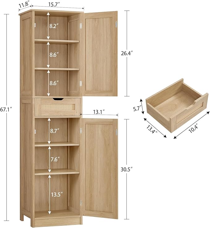67" H Tall Storage Cabinet with 2 Rattan Doors and 1 Drawer, Narrow Rattan Cabinet with Adjustable Shelves, for Living Room, Entryway, Kitchen, Natural