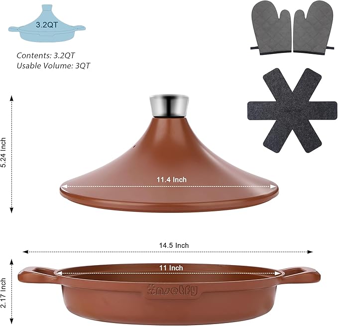 Non-Stick Frying Pan/Skillet 11", 3QT Tagine Pan,Cast Aluminum Pans with Lid, Stove/Oven-to-Table Cookware, Dishwasher Safe& Compatible with All Stovetops（Terracotta）