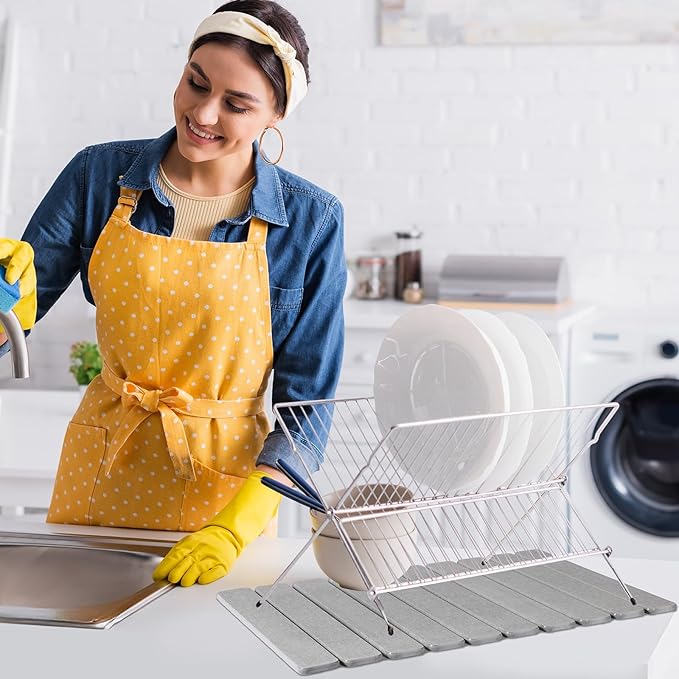 Nuanchu 2pack Large Stone Dish Drying Mat for Kitchen Counter, 23.6"(L)x15.4"(W), Collapsible Diatomaceous Earth Water Absorbing Mat for Dishes Bottles Cups, Match Any Countertop (Light Grey)