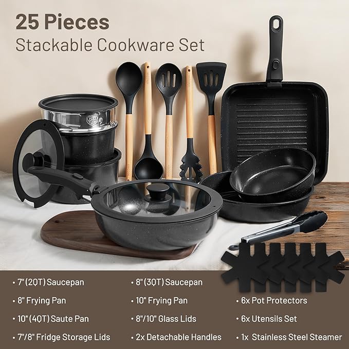 KIKCOIN Ceramic Nonstick Pots and Pans Set - Cookware Set with Detachable Handle - 25 Pack Stackable Cooking Set for RV Kitchen, with Frying Pans, Steamer - Induction/Dishwasher/Oven Safe, PFOA Free