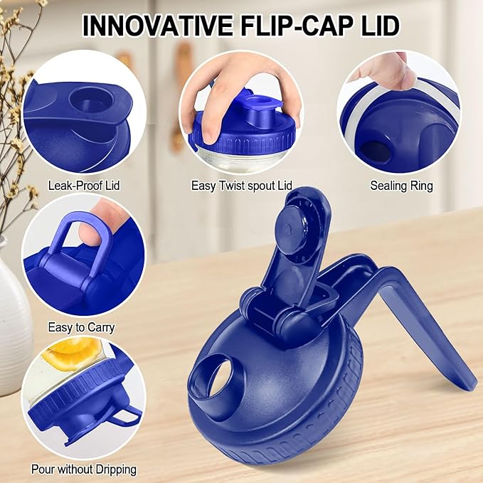 64OZ Mason Jar Pitcher, Blue, 2 Quarts, Leak-Proof Flip Cap Lid, Sturdy Handle, Country Rustic Style