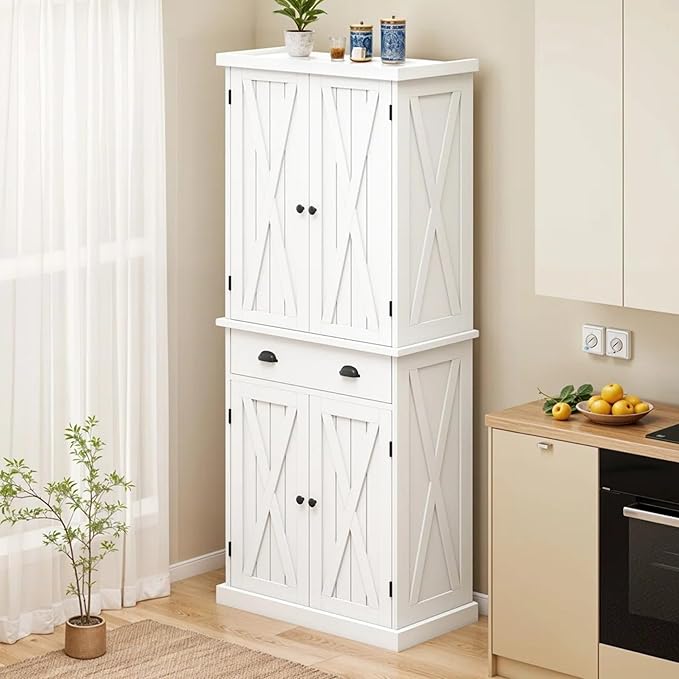 YITAHOME 72'' Tall Kitchen Pantry, Farmhouse Kitchen Storage Cabinets with Barn Doors, Drawer and Adjustable Shelves, Wood Cupboard for Kitchen, Dining Room, Bathroom, White