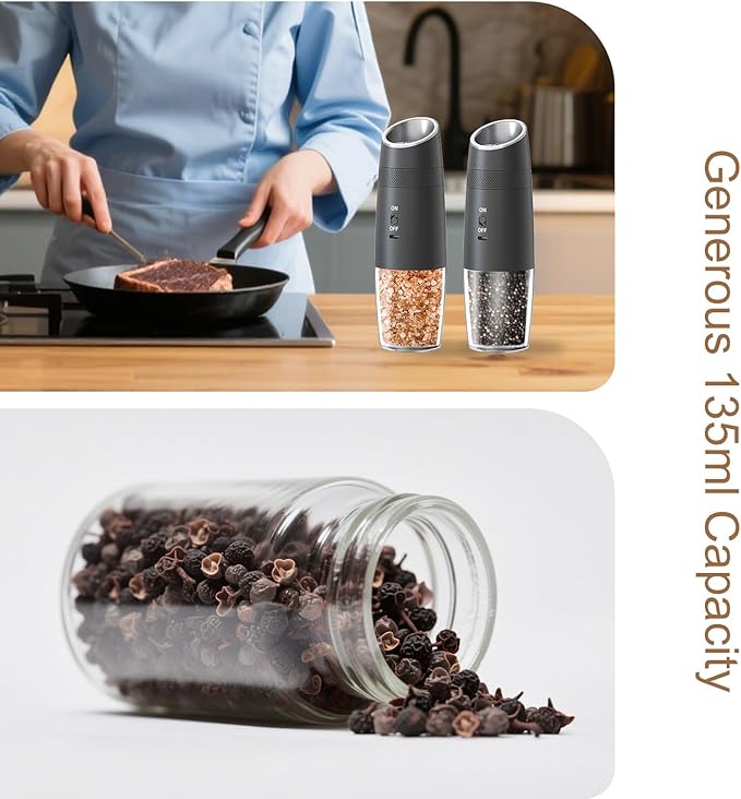 Electric Salt and Pepper Grinder Set – Rechargeable Gravity Automatic Pepper Mill Gift Set with LED Light & 6 Adjustable Coarseness
