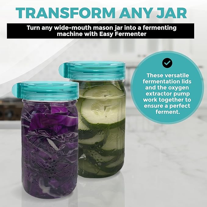 Fermentation Kit, Includes 3 Fermenting Lids for Wide Mouth Mason Jars & Oxygen Extractor Pump, Mason Jar Airlock Lid For Fermenting Kimchi, Pickle, & Sauerkraut