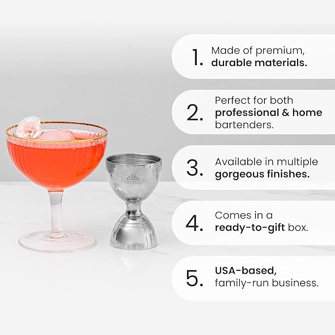 A Bar Above Premium Bell Jigger, 304 Stainless Steel Double Cocktail Jigger with 10 Internal Measurements, Heavy Duty Professional Bar Tool for Bartending, Gold Finish, Ergonomic Design, 1 Pack