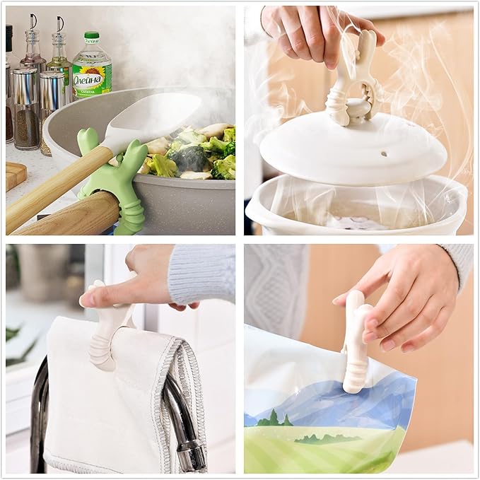 4Pcs Pot Spoon Rest Holder,Spatula Rack,Silicone Crab Pot Lid Support,Multipurpose Fixed Clamp Anti Scalding Universal Essential Accessories for Kitchen Cookware