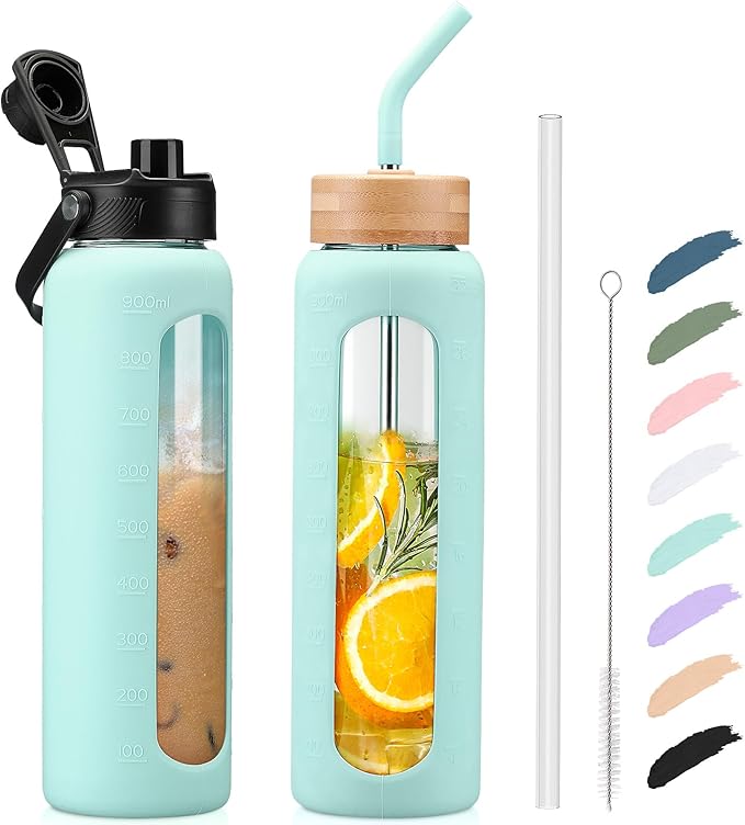 Kodrine Water Bottle with Straw, 24 oz Glass water Bottle with 2 Lids Bamboo Straw Lid and Spout Lid with Handle, 32 oz Clear Water Bottle Glass for Sports Travel, Waterbottle with Time Marker