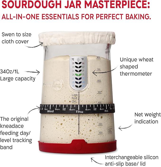 Sourdough Starter Kit – 34oz Starter Jar, 2 Cotton Rope Banneton Proofing Baskets, Magnetic Bread Lame for Scoring – Gift for Bakers & Complete Sourdough Bread Baking Set