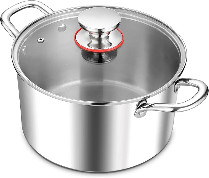 E-far 5 Quart Stock Pot with Lid, 18/10 Tri-ply Stainless Steel Stockpot for Induction Ceramic Gas Stoves, Heavy Duty Cooking Pot for Pasta Soup Stewing Simmering, Oven and Dishwasher Safe