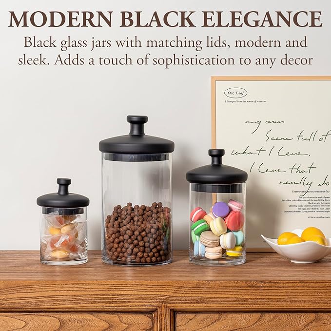 MyGift Glass Apothecary Jar Set with Black Lids, Decorative Kitchen and Bathroom Storage Canisters, Wedding Centerpiece Jars, Candy Buffet Containers
