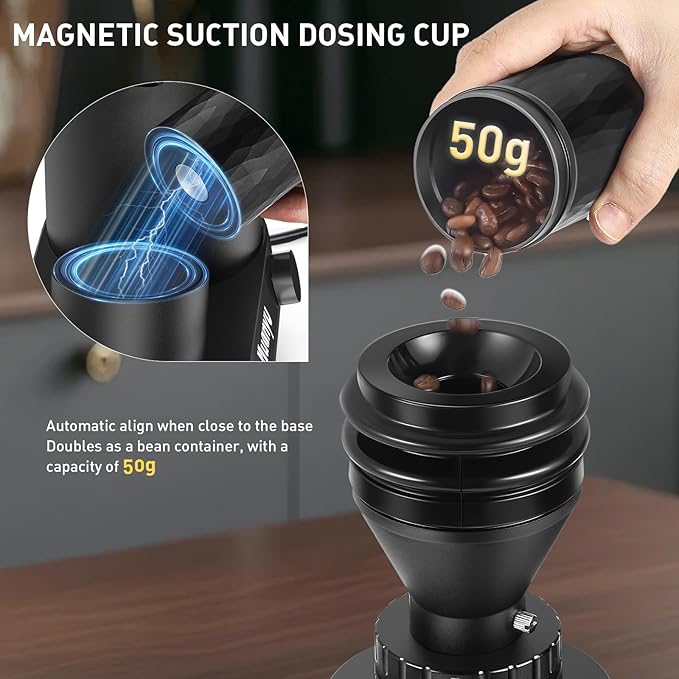 Huanyu Professional Coffee Grinder Adjustable RPM, Time-Based Dosing, Stainless Steel Flat Burr with 8 Stepless Grinding Settings