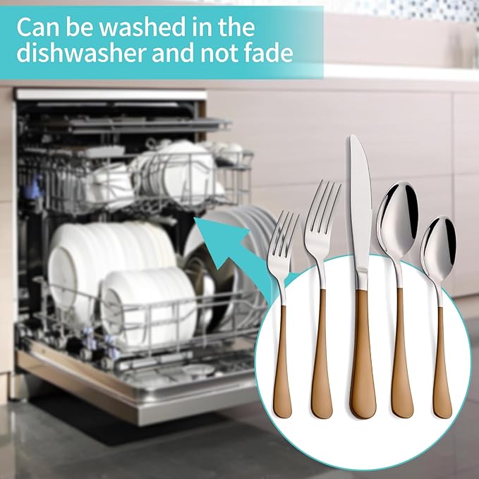 20-Piece Brown Silverware Set for 4, 18/0 Stainless Steel Flatware Cutlery Utensils Set, Include Dinner Knives,Dinner Forks,Dinner Spoons,Salad Forks,Teaspoons,Dishwasher Safe