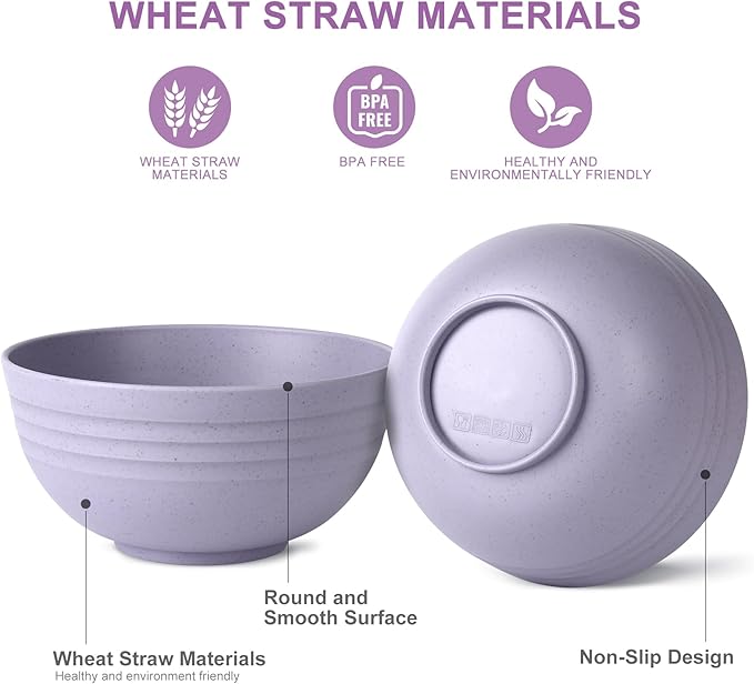 HOTEC BPA Free Unbreakable Wheat Straw Cereal Bowls - Microwave & Dishwasher Safe Soup and Salad Bowls, Set of 8, 26oz, Purple