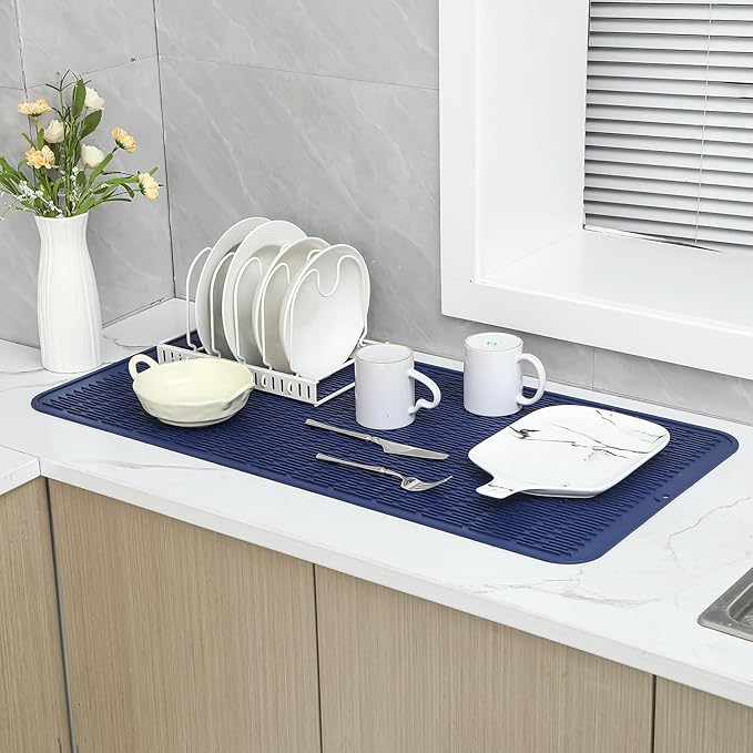 Silicone Dish Drying Mat for Multiple Usage,Easy clean,Eco-friendly,Heat-resistant Silicone Mat for Kitchen Counter or Sink,Refrigerator or Drawer Liner Navy Blue 5XL 36inches x 18inches