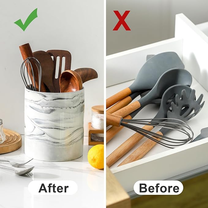 7.2 inch Large Utensil Holder for Kitchen Counter, Golden Marble Utensil Crock Spatula Holder for Countertop Cooking Tools Storage Caddy Farmhouse Kitchen Decor (Marble-Grey)
