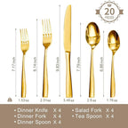 HIKAA Forged Silverware Set Stainless Steel Flatware Set,Service for 4,Matte Satin Polished Cutlery Set,Dishwasher Safe (Gold, 20PCS)