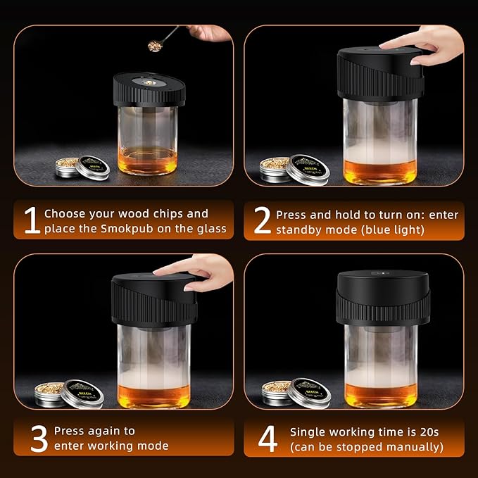 Electric Whiskey Smoker Kit with 6 Flavors Wood Chips, Built-In Lighter Ignites, No Butane Required, Rechargeable Cocktail Drink Smoker Kit, Birthday Bourbon Gifts, Father's Day Gifts for Men-Black
