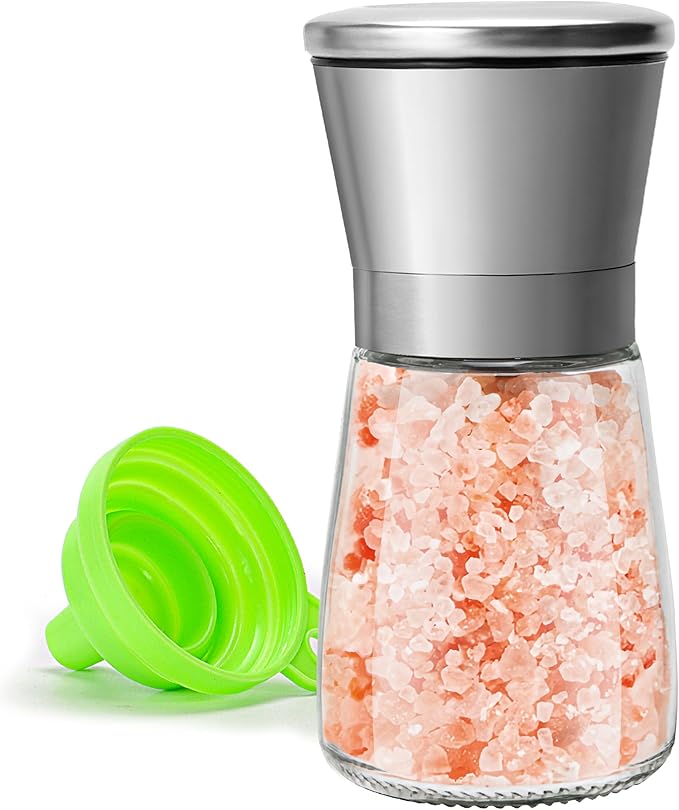 Manual Salt or Pepper Grinder for Professional Chef, Best Spice Mill with Stainless Steel Cap, Ceramic Blades and Adjustable Coarseness, Refillable Glass Body with 6OZ Capacity