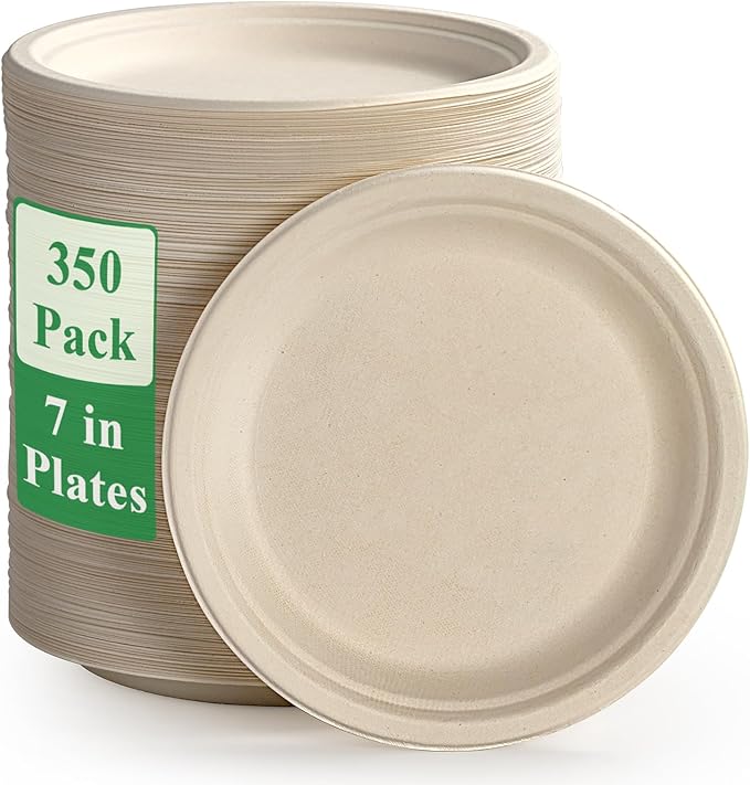 Vplus 350 Pack Paper Plates 7 inch 100% Compostable, Heavy-Duty Disposable Paper Plates Bagasse Natural Biodegradable Eco-Friendly Sugarcane