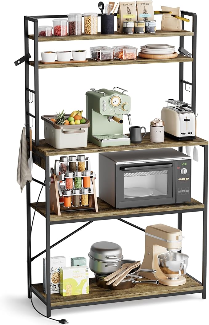 YESHOMY Kitchen Baker’s Rack with Power Outlet, 5-Tier Microwave Stand, Coffee Bar with 8 S-Shaped Hooks, Heavy Duty Storage Shelf Unit for Spices, Pots, Brown