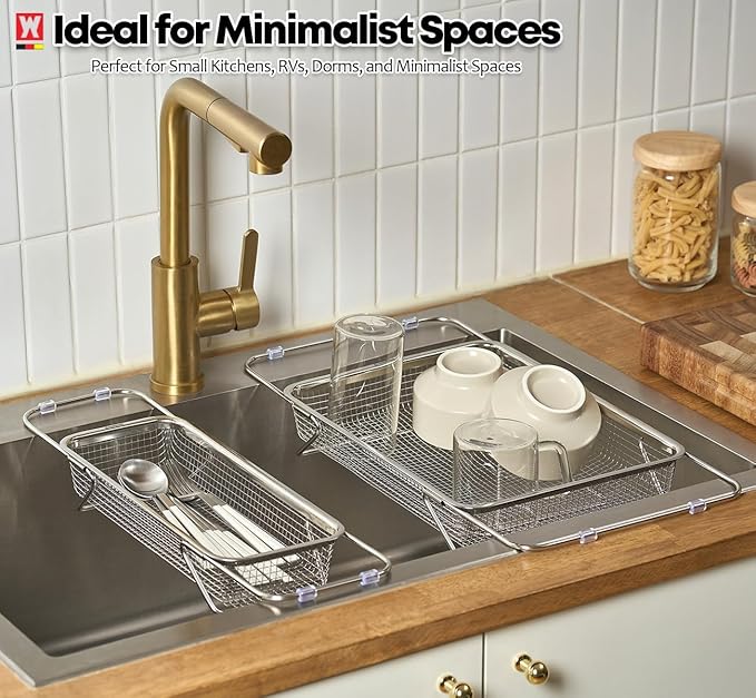 Extendable Dish Rack with Feet, Vegetable Colander Basket, Stainless Steel Dish or Silverware Drying Rack, Ultimate Kitchen Organizer over the Sink (12.40 x 5.12 x 2.36 Inches)